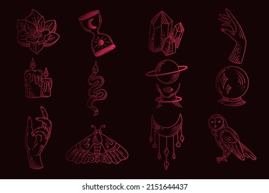 Set Collection Mystical Celestial Simple Minimalism Tattoo Clipart Symbol space doodle Esoteric elements vintage illustration