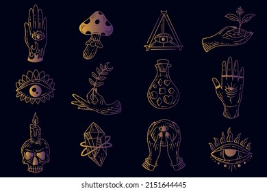 Set Collection Mystical Celestial Simple Minimalism Tattoo Clipart Symbol space doodle Esoteric elements vintage illustration