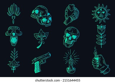 Set Collection Mystical Celestial Simple Minimalism Tattoo Clipart Symbol space doodle Esoteric elements vintage illustration