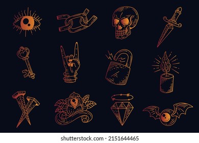 Set Collection Mystical Celestial Simple Minimalism Tattoo Clipart Symbol space doodle Esoteric elements vintage illustration
