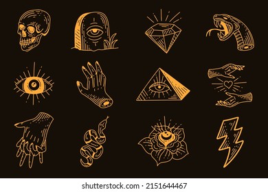 Set Collection Mystical Celestial Simple Minimalism Tattoo Clipart Symbol space doodle Esoteric elements vintage illustration