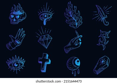Set Collection Mystical Celestial Simple Minimalism Tattoo Clipart Symbol space doodle Esoteric elements vintage illustration