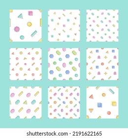 Set, collection of nine vector seamless pattern backgrounds with abstract geometric shapes for 80s or 90s design. Memphis style pattern set.
