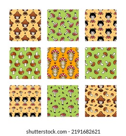 Set, collection of nine vector seamless pattern backgrounds with girls, leaves, mushrooms, acorns for seasonal nature and forest design.

