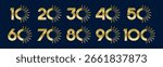 Set of collection numbers 10 to 100 with fireworks vector illustration. Fireworks with numbers 10, 20, 30, 40, 50, 60, 70, 80, 90, 100 for greetings, anniversary, discounts and more.