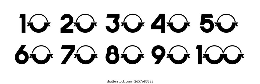 Set of collection numbers 10 to 100 with ribbon vector illustration. Ribbon with numbers 10, 20, 30, 40, 50, 60, 70, 80, 90, 100 for greetings, anniversary, discounts and more.