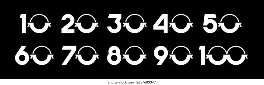 Conjunto de números de colección 10 a 100 con Ilustración vectorial de cinta. Cinta con los números 10, 20, 30, 40, 50, 60, 70, 80, 90, 100 para saludos, aniversario, descuentos y más.