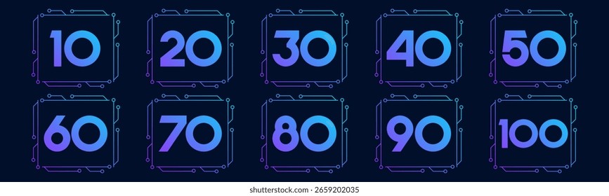 Conjunto de números de colección 10 a 100 con Ilustración vectorial tecnológica. Circuito con números 10, 20, 30, 40, 50, 60, 70, 80, 90, 100 para saludos, aniversarios, descuentos y más.