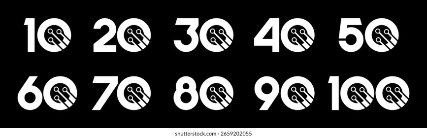 Conjunto de números de colección 10 a 100 con Ilustración vectorial tecnológica. Circuito con números 10, 20, 30, 40, 50, 60, 70, 80, 90, 100 para saludos, aniversarios, descuentos y más.