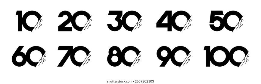 Conjunto de números de colección 10 a 100 con Ilustración vectorial tecnológica. Circuito con números 10, 20, 30, 40, 50, 60, 70, 80, 90, 100 para saludos, aniversarios, descuentos y más.