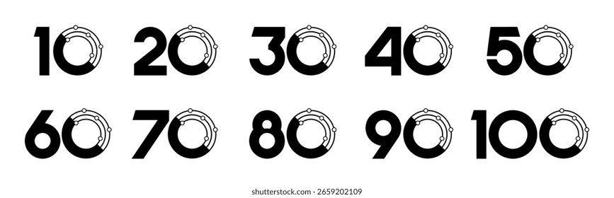Conjunto de números de colección 10 a 100 con Ilustración vectorial tecnológica. Circuito con números 10, 20, 30, 40, 50, 60, 70, 80, 90, 100 para saludos, aniversarios, descuentos y más.