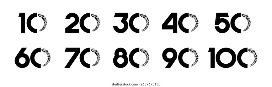 Satz von Sammelnummern 10 bis 100 mit Lorbeerkranz, Vektorgrafik. Lorbeerkranz mit den Nummern 10, 20, 30, 40, 50, 60, 70, 80, 90, 100 für Grüße, Jubiläum, Rabatte und mehr.
