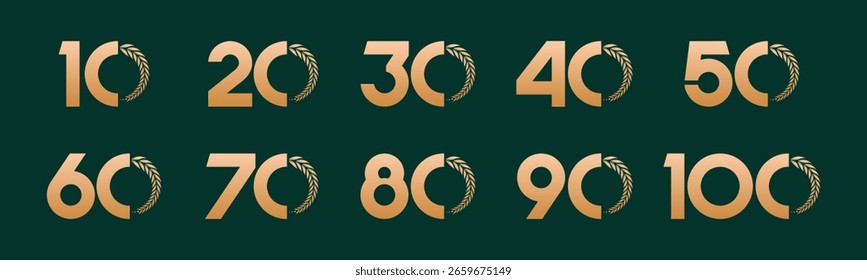 Set of collection numbers 10 to 100 with laurel wreath vector illustration. Laurel wreath with numbers 10, 20, 30, 40, 50, 60, 70, 80, 90, 100 for greetings, anniversary, discounts and more.