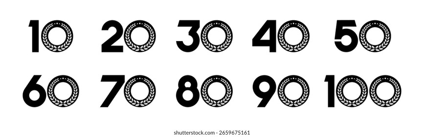 Set of collection numbers 10 to 100 with laurel wreath vector illustration. Laurel wreath with numbers 10, 20, 30, 40, 50, 60, 70, 80, 90, 100 for greetings, anniversary, discounts and more.