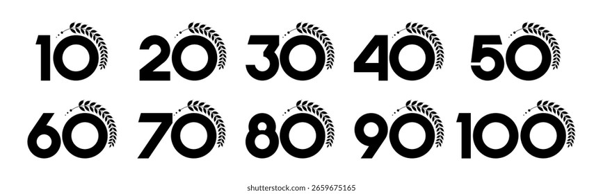 Conjunto de números de coleção 10 a 100 com ilustração de vetor de coroa de louro. Coroa Laurel com números 10, 20, 30, 40, 50, 60, 70, 80, 90, 100 para saudações, aniversário, descontos e muito mais.