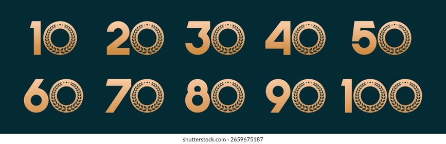 Conjunto de números de colección 10 a 100 con Ilustración vectorial de corona de laurel. Corona de laurel con los números 10, 20, 30, 40, 50, 60, 70, 80, 90, 100 para saludos, aniversario, descuentos y más.