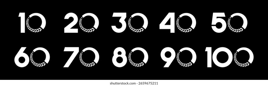 Satz von Sammelnummern 10 bis 100 mit Lorbeerkranz, Vektorgrafik. Lorbeerkranz mit den Nummern 10, 20, 30, 40, 50, 60, 70, 80, 90, 100 für Grüße, Jubiläum, Rabatte und mehr.