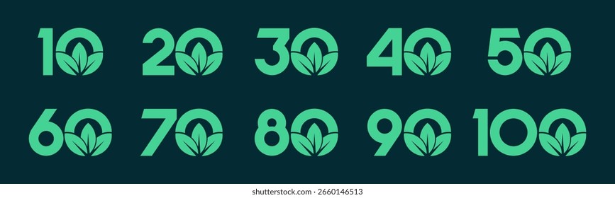 Set of collection numbers 10 to 100 with nature leaf vector illustration. Leaves with numbers 10, 20, 30, 40, 50, 60, 70, 80, 90, 100 for greetings, anniversary, discounts and more.