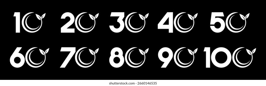 Conjunto de números de colección 10 a 100 con Ilustración vectorial de hojas de la naturaleza. Hojas con números 10, 20, 30, 40, 50, 60, 70, 80, 90, 100 para saludos, aniversario, descuentos y más.