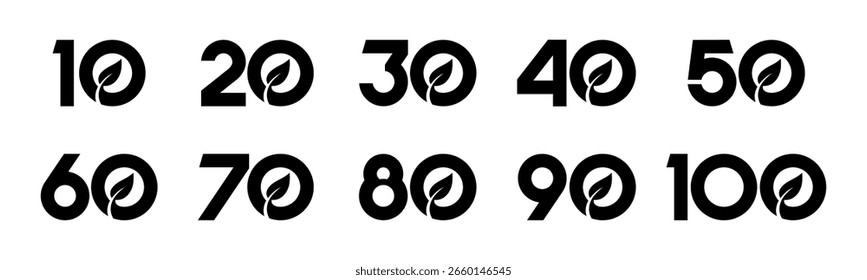 Set of collection numbers 10 to 100 with nature leaf vector illustration. Leaves with numbers 10, 20, 30, 40, 50, 60, 70, 80, 90, 100 for greetings, anniversary, discounts and more.