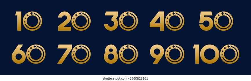 Conjunto de números de colección 10 a 100 con Ilustración vectorial de estrella. Estrella con los números 10, 20, 30, 40, 50, 60, 70, 80, 90, 100 para saludos, aniversario, descuentos y más.