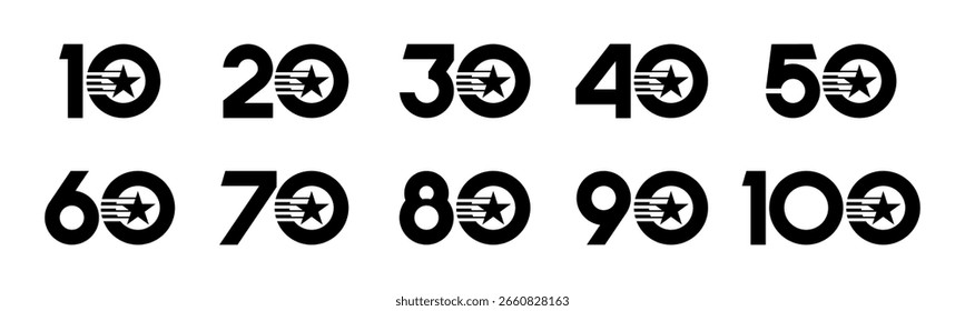 Satz von Sammlungsnummern 10 bis 100 mit Sternvektorgrafik. Stern mit den Nummern 10, 20, 30, 40, 50, 60, 70, 80, 90, 100 für Grüße, Jubiläum, Rabatte und mehr.