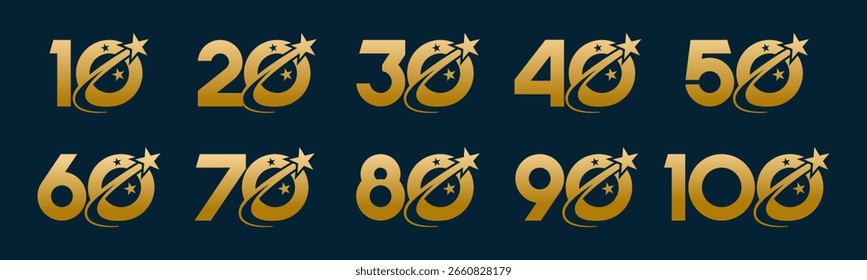 Set of collection numbers 10 to 100 with star vector illustration. Star with numbers 10, 20, 30, 40, 50, 60, 70, 80, 90, 100 for greetings, anniversary, discounts and more.
