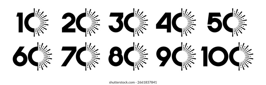 Set of collection numbers 10 to 100 with fireworks vector illustration. Fireworks with numbers 10, 20, 30, 40, 50, 60, 70, 80, 90, 100 for greetings, anniversary, discounts and more.