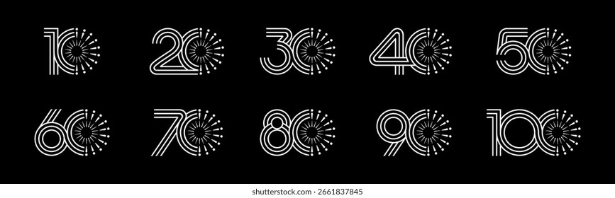 Sammlungsnummer 10 bis 100 mit Feuerwerk, Vektorgrafik. Feuerwerk mit den Nummern 10, 20, 30, 40, 50, 60, 70, 80, 90, 100 für Grüße, Jubiläum, Rabatte und mehr.