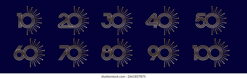 Conjunto de números de coleção 10 a 100 com ilustração vetorial de fogos de artifício. Fogos de artifício com números 10, 20, 30, 40, 50, 60, 70, 80, 90, 100 para saudações, aniversário, descontos e muito mais.