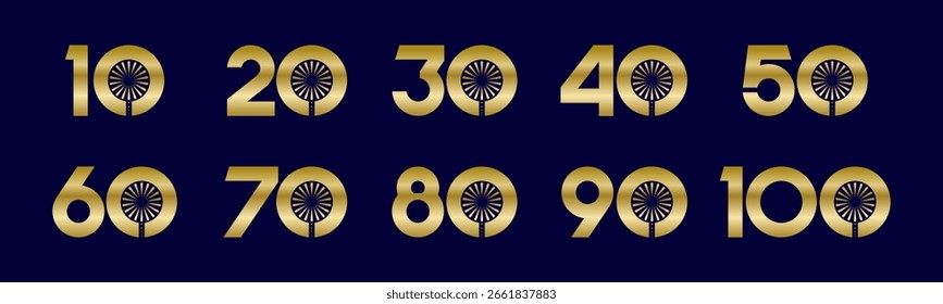Set of collection numbers 10 to 100 with fireworks vector illustration. Fireworks with numbers 10, 20, 30, 40, 50, 60, 70, 80, 90, 100 for greetings, anniversary, discounts and more.
