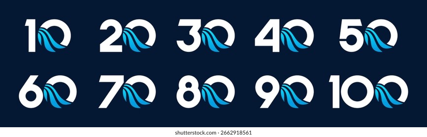Conjunto de números de colección 10 a 100 con Ilustración vectorial de ondas. Olas con números 10, 20, 30, 40, 50, 60, 70, 80, 90, 100 para saludos, aniversario y más.