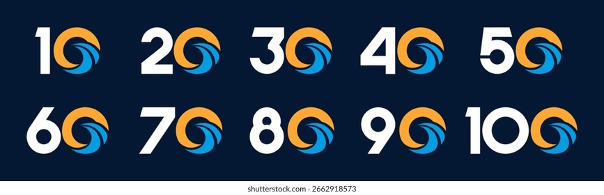 Set of collection numbers 10 to 100 with waves vector illustration. Waves with numbers 10, 20, 30, 40, 50, 60, 70, 80, 90, 100 for greetings, anniversary and more.