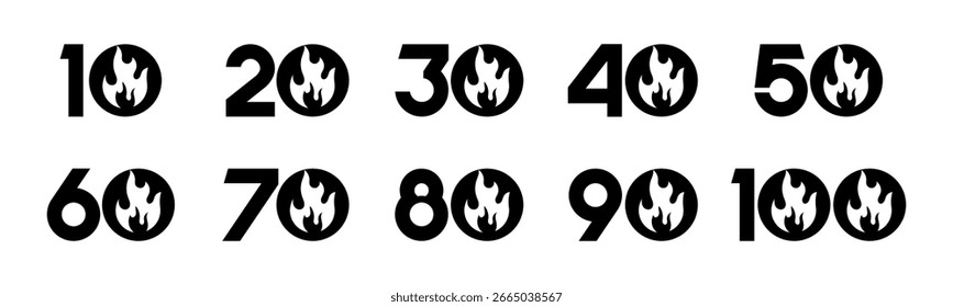 Set of collection numbers 10 to 100 with fire vector illustration. Flames with numbers 10, 20, 30, 40, 50, 60, 70, 80, 90, 100 for greetings, anniversary and more.