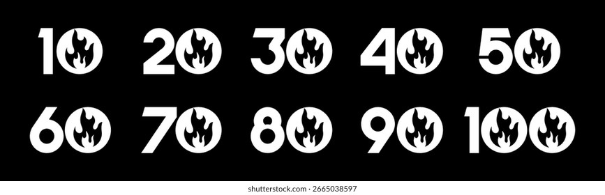 Conjunto de números de colección 10 a 100 con Ilustración vectorial al fuego. Llamas con los números 10, 20, 30, 40, 50, 60, 70, 80, 90, 100 para saludos, aniversario y más.