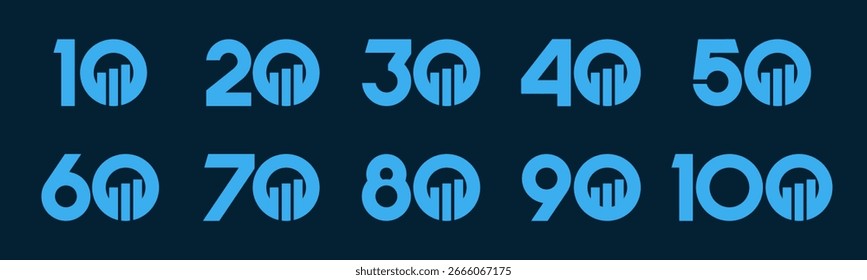Conjunto de números de colección 10 a 100 con Ilustración vectorial financiera. Gráfico de barras con los números 10, 20, 30, 40, 50, 60, 70, 80, 90, 100 para saludos, aniversario y más.	