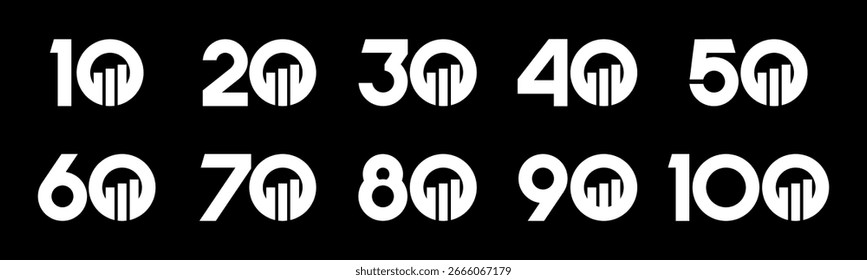 Conjunto de números de colección 10 a 100 con Ilustración vectorial financiera. Gráfico de barras con los números 10, 20, 30, 40, 50, 60, 70, 80, 90, 100 para saludos, aniversario y más.	