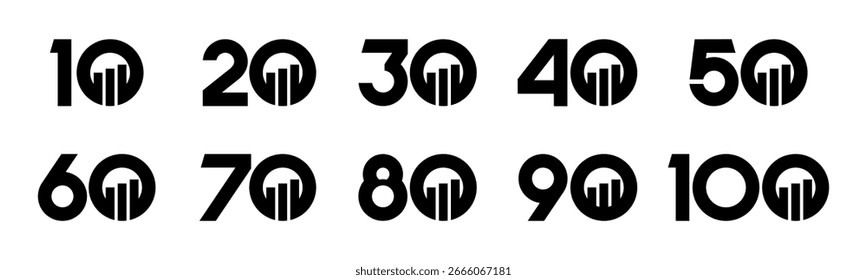 Conjunto de números de colección 10 a 100 con Ilustración vectorial financiera. Gráfico de barras con los números 10, 20, 30, 40, 50, 60, 70, 80, 90, 100 para saludos, aniversario y más.	