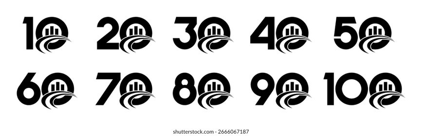 Set of collection numbers 10 to 100 with finance vector illustration. Bar chart with numbers 10, 20, 30, 40, 50, 60, 70, 80, 90, 100 for greetings, anniversary and more.	