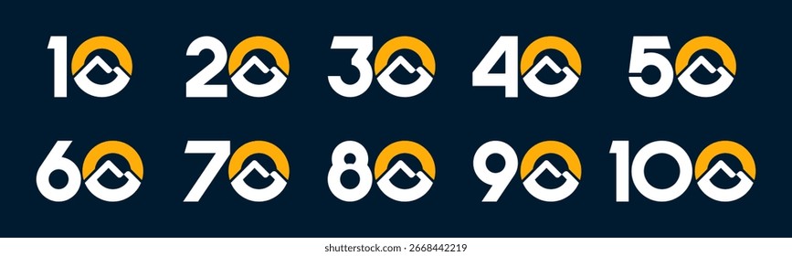 Set of collection numbers 10 to 100 with mountain vector illustration. Mountain with numbers 10, 20, 30, 40, 50, 60, 70, 80, 90, 100 for greetings, anniversary and more.