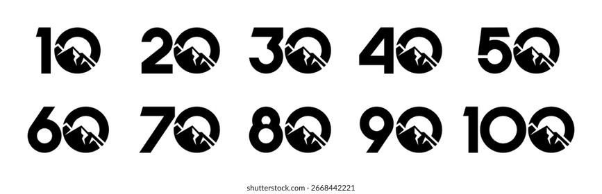 Set of collection numbers 10 to 100 with mountain vector illustration. Mountain with numbers 10, 20, 30, 40, 50, 60, 70, 80, 90, 100 for greetings, anniversary and more.