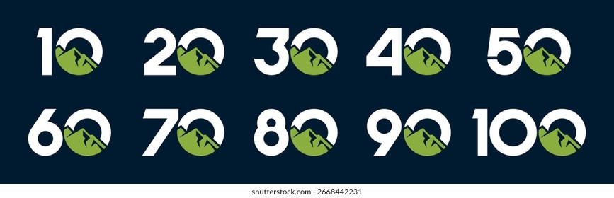 Sammlungsnummern 10 bis 100 mit Bergvektorgrafik. Berg mit den Nummern 10, 20, 30, 40, 50, 60, 70, 80, 90, 100 für Grüße, Jubiläum und mehr.