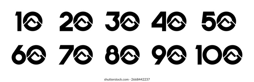Conjunto de números de colección 10 a 100 con Ilustración vectorial de montaña. Montaña con números 10, 20, 30, 40, 50, 60, 70, 80, 90, 100 para saludos, aniversario y más.