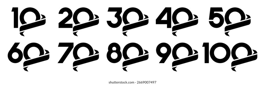 Set of collection numbers 10 to 100 with ribbon vector illustration. Ribbon with numbers 10, 20, 30, 40, 50, 60, 70, 80, 90, 100 for greetings, anniversary, discounts and more.
