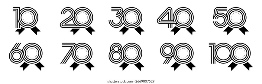 Conjunto de números de colección 10 a 100 con Ilustración vectorial de cinta. Cinta con los números 10, 20, 30, 40, 50, 60, 70, 80, 90, 100 para saludos, aniversario, descuentos y más.