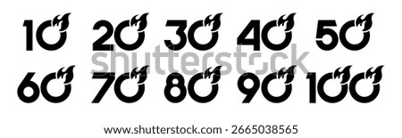 Set of collection numbers 10 to 100 with fire vector illustration. Flames with numbers 10, 20, 30, 40, 50, 60, 70, 80, 90, 100 for greetings, anniversary and more.