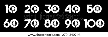 Set of collection numbers 10 to 100 with mic elements vector illustration. Mic podcast elements with numbers 10, 20, 30, 40, 50, 60, 70, 80, 90, 100 for greetings, anniversaries and more.