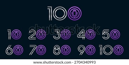 Set of collection numbers 10 to 100 with mic elements vector illustration. Mic podcast elements with numbers 10, 20, 30, 40, 50, 60, 70, 80, 90, 100 for greetings, anniversaries and more.