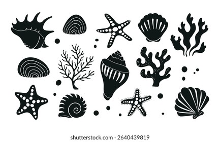 Set collection with ocean see elements reef flora plants silhouettes. Corals and seaweed, shells and sea stars