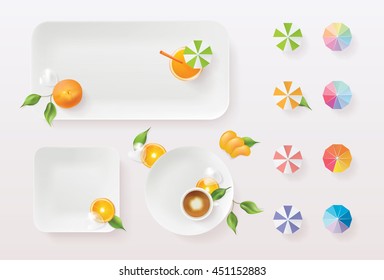 Set collection of orange fruit slices, green leaves, juice glass, coffee cup, white ceramic plates in round, square and rectangular shapes, drink umbrellas and ice cube vector items, top view layout 